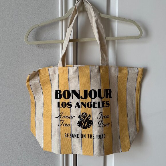 Sezane Handbags - NWOT Sezane BONJOUR LOS ANGELES Yellow/Cream Striped Tote